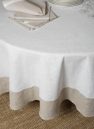 Linen Round Tablecloth White with Natural Border