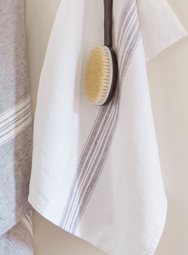 White Linen Hand Towels With Charcoal Stripes Online - MG Maison