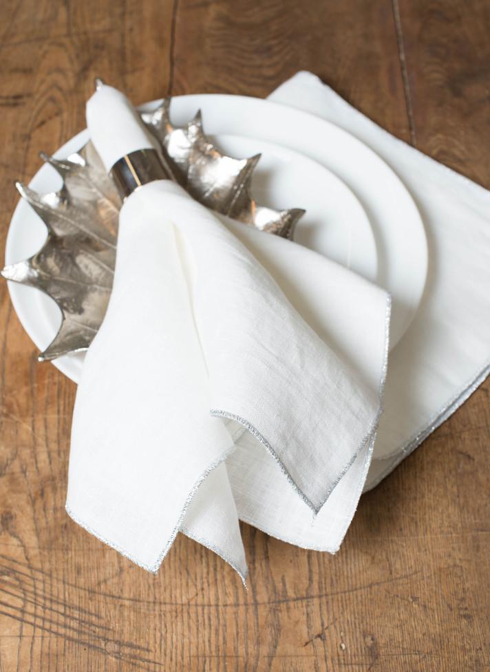 Linen Napkin Snow White with Metallic Silver