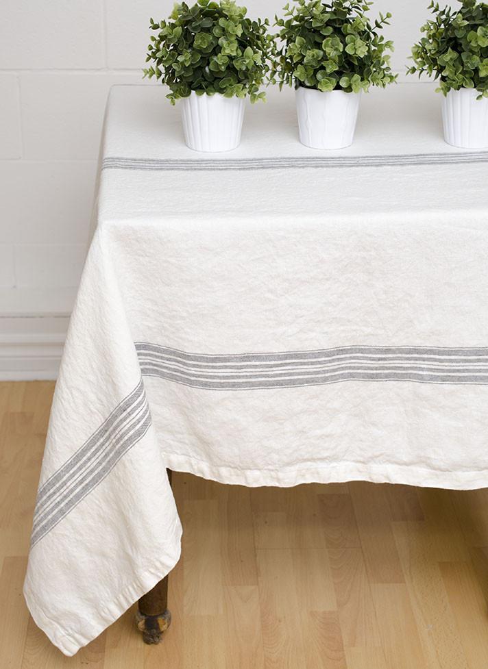 Linen Tablecloth White with Charcoal Stripes