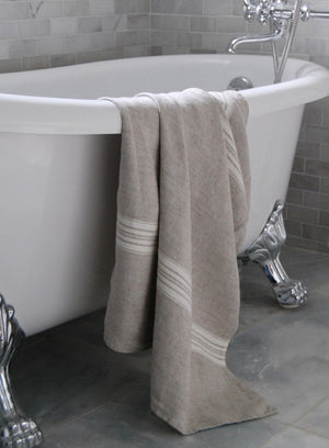 Linen Bath Towel, Beige with White Stripes