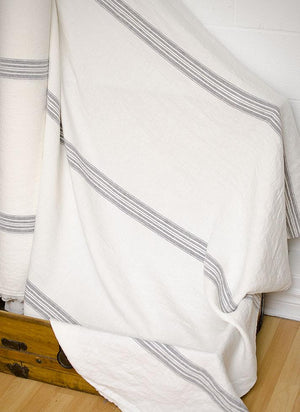 Linen Fabric White with Charcoal Stripes