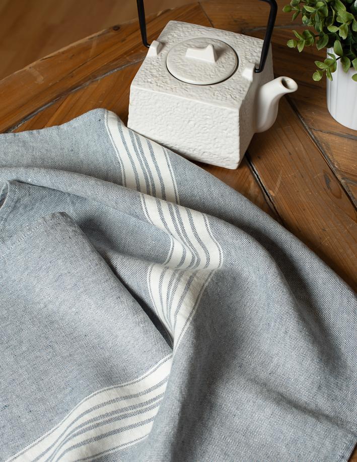 Linen Tea Towels Blue Mirage with White Stripes