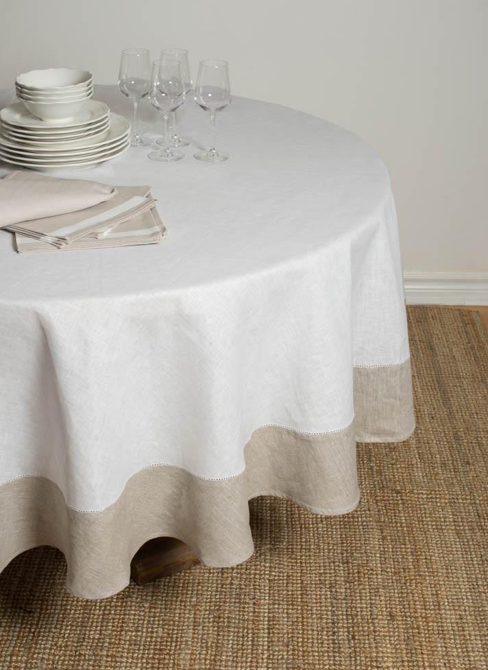 Linen Round Tablecloth White with Natural Border