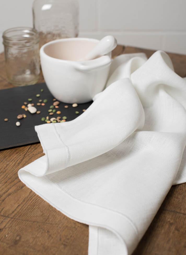 Linen Tea Towels Snow White with White Stitch