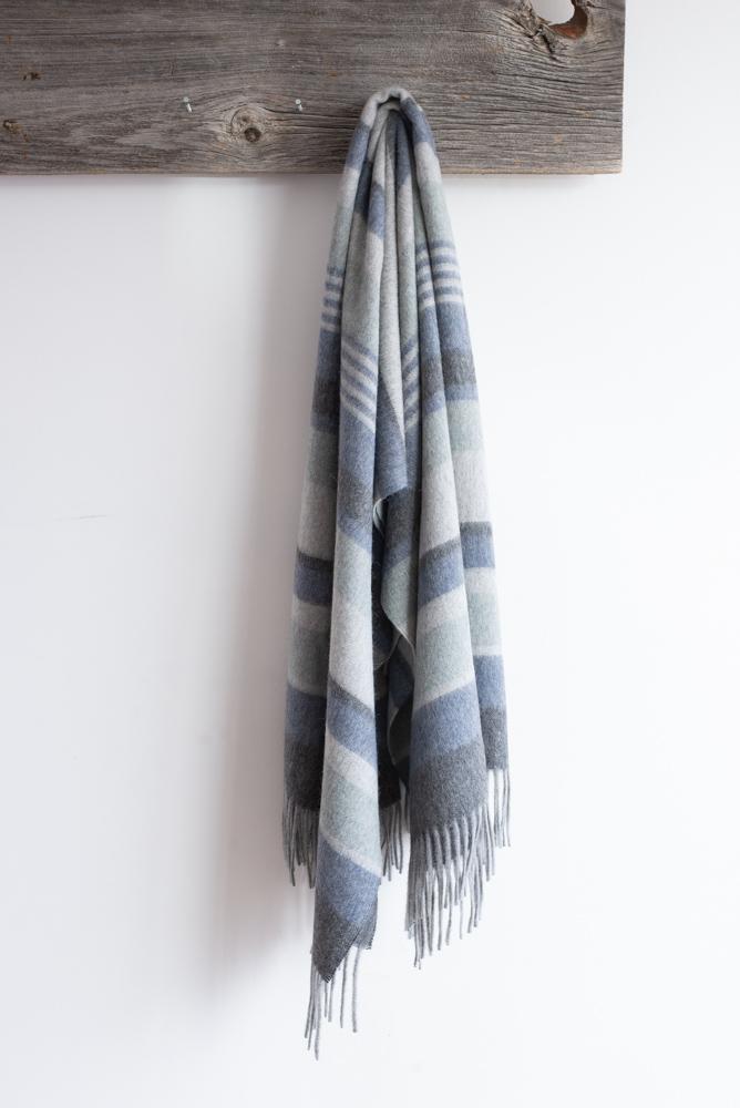 Alpaca & Wool Throw Grey with Green & Blue Stripes