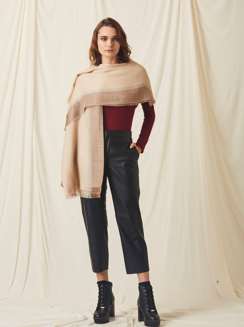 Alpaca & Silk Scarf, Taupe with Brown Stripe