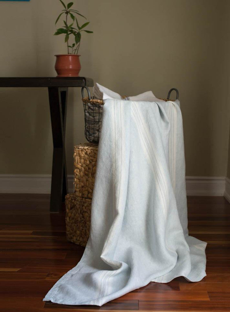 Linen Throw Mineral Blue with White Stripes