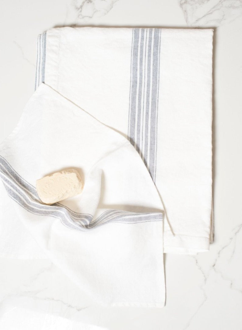 Linen Bath Sheet, White with Blue Mirage