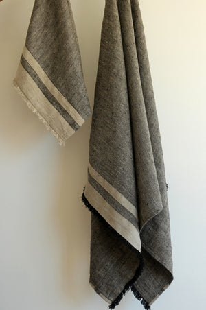 Linen Bath Towel Black/Natural with Natural Stripes