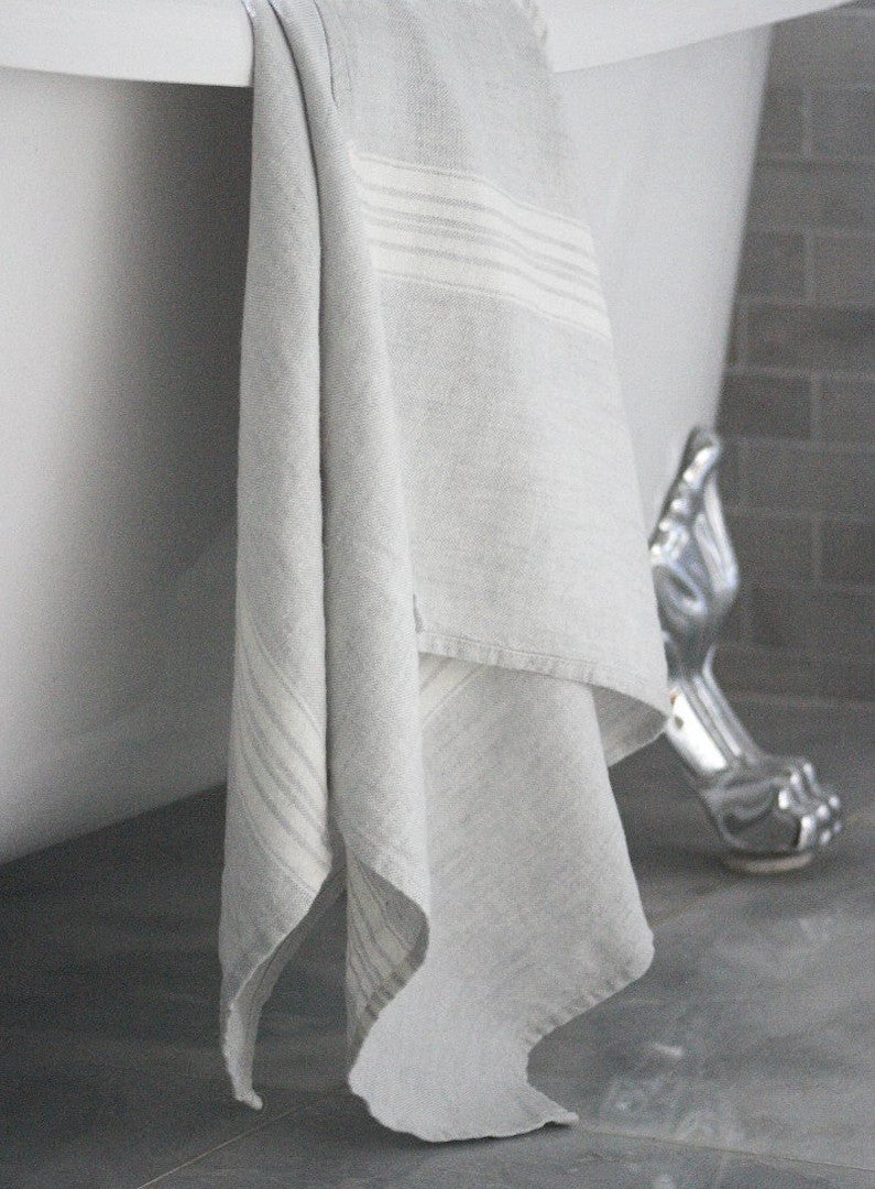 Linen Bath Towel Grey with White Stripes