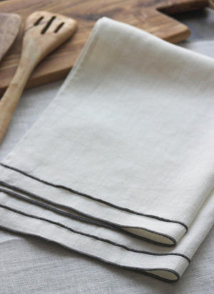 Linen Tea Towels White with charcoal stitch