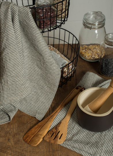 Linen Tea Towel Natural with Black Stripes