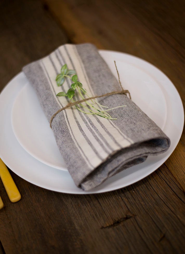 Napkin Stonewashed Linen Charcoal With White Stripes