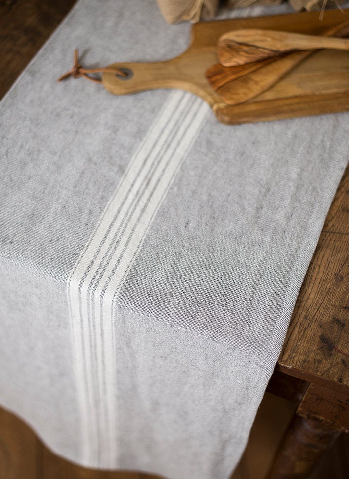 Linen Table Runner Stonewashed Charcoal with white stripes