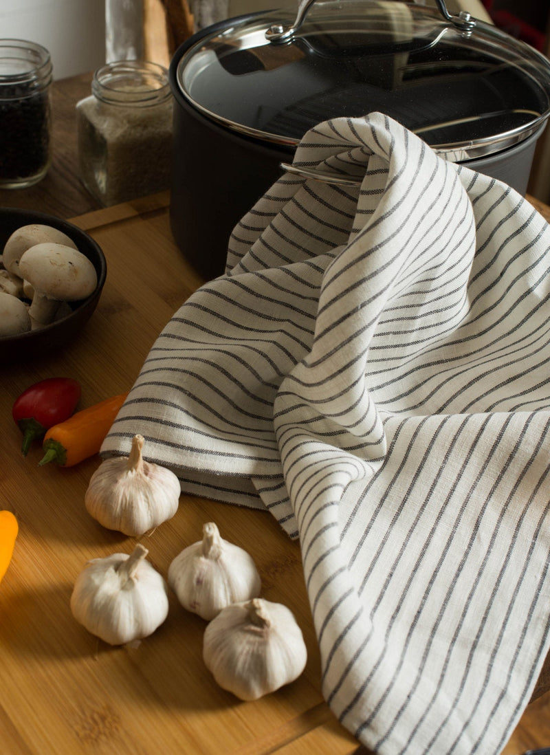 Linen Tea Towel, Kitchen Towel, Striped Towel, Washable Towel, White with Charcoal Stripes Towel, Gifts for Mom