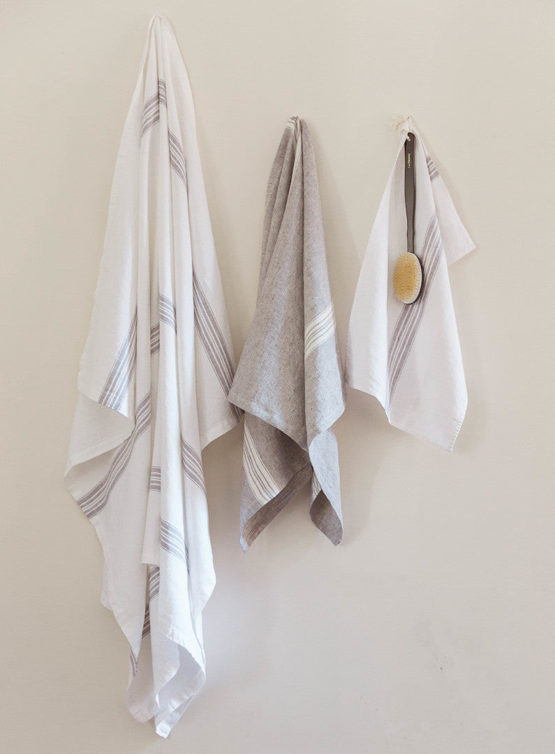 Linen Bath Sheet White with Charcoal Stripes
