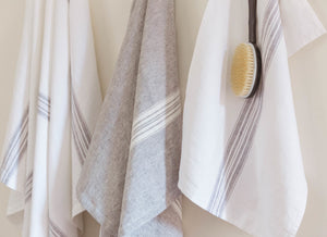 Linen Hand Towels White with Charcoal Stripes