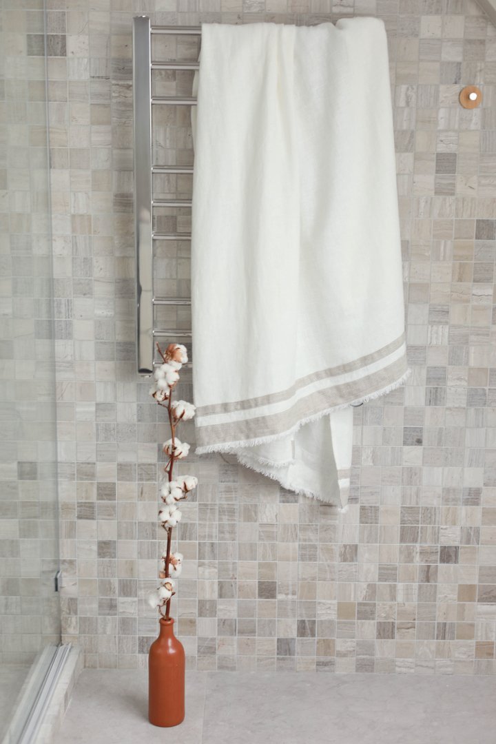 Linen Bath Towel White with Beige stripes