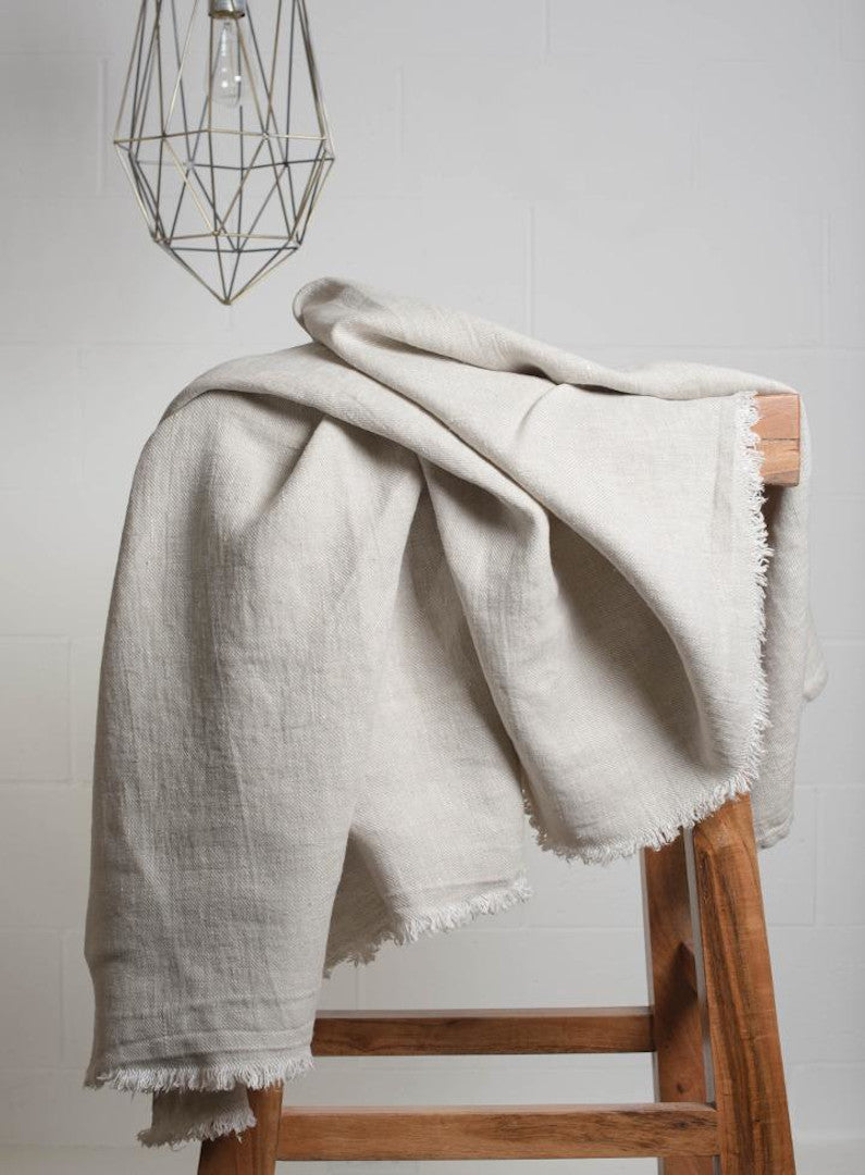 Linen Throw with Fringes Beige