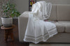 Linen Throw White with 2 Beige Border Stripes & Fringed Edge