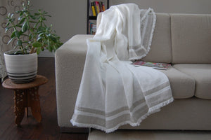 Linen Throw White with 2 Beige Border Stripes & Fringed Edge