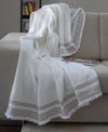 Linen Throw White with 2 Beige Border Stripes & Fringed Edge
