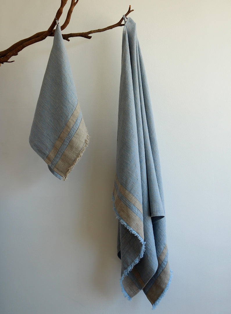 Linen Bath Towel Blue/Natural with Natural Stripes