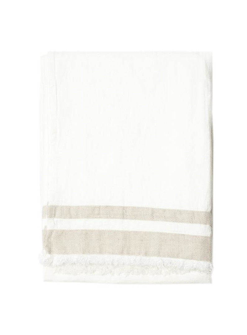 Linen Throw White with 2 Beige Border Stripes & Fringed Edge