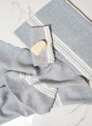 Linen Wash Cloth Blue Mirage with White Stripes