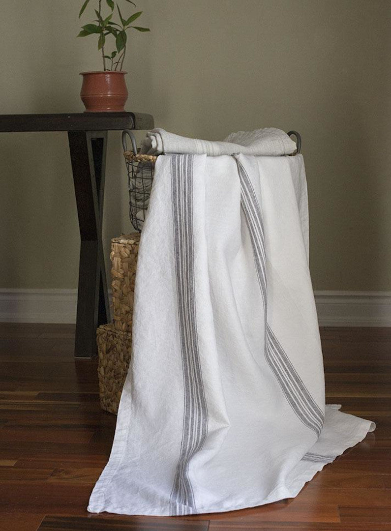 Linen Throw White with Charcoal Stripes