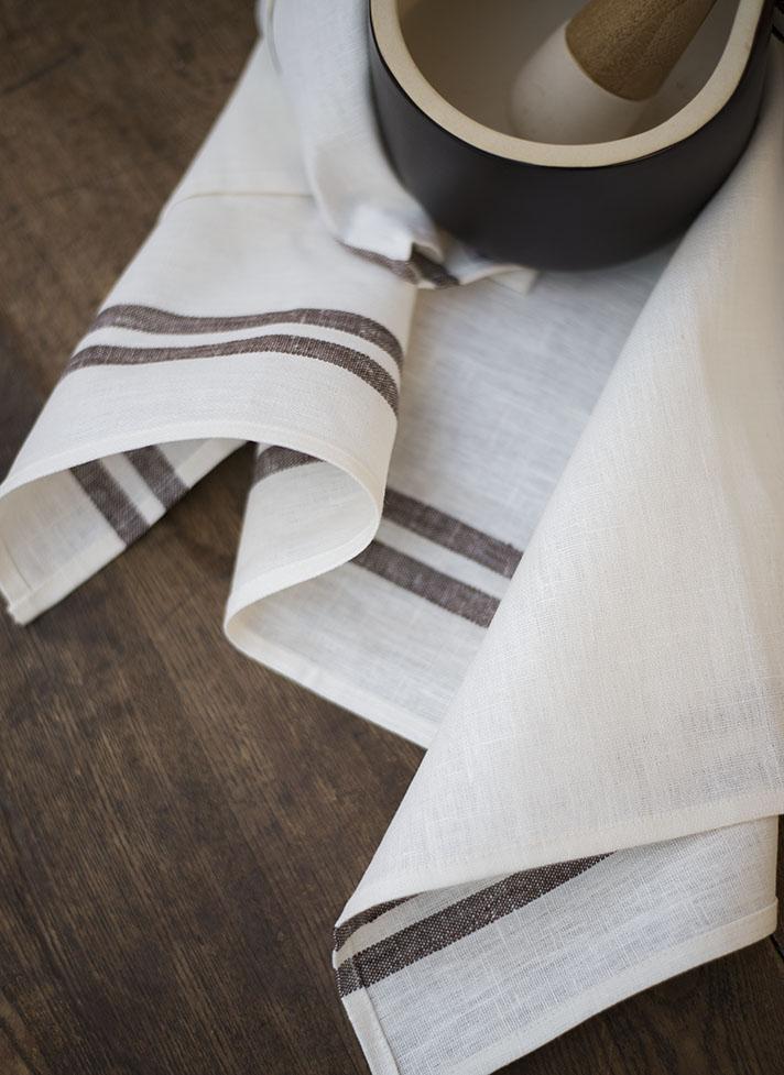 Linen Tea Towels White with Chocolate Stripes