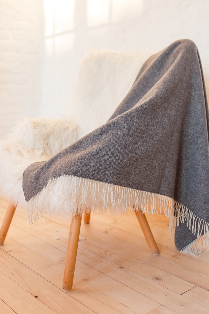 Cashmere Throw Charcoal Herringbone