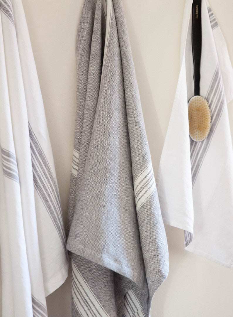 Linen Bath Sheet Charcoal with White Stripes